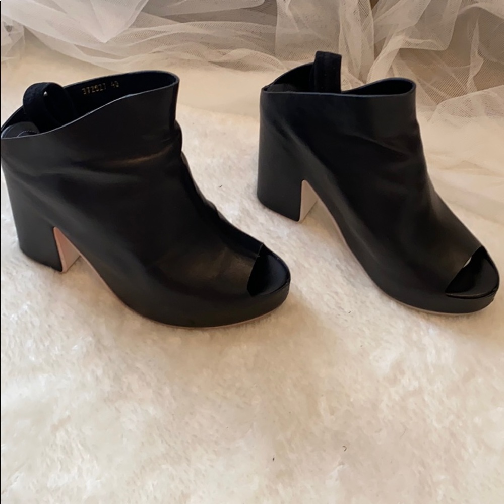 Worn, Balenciaga black peep toe, mules w/ straps.